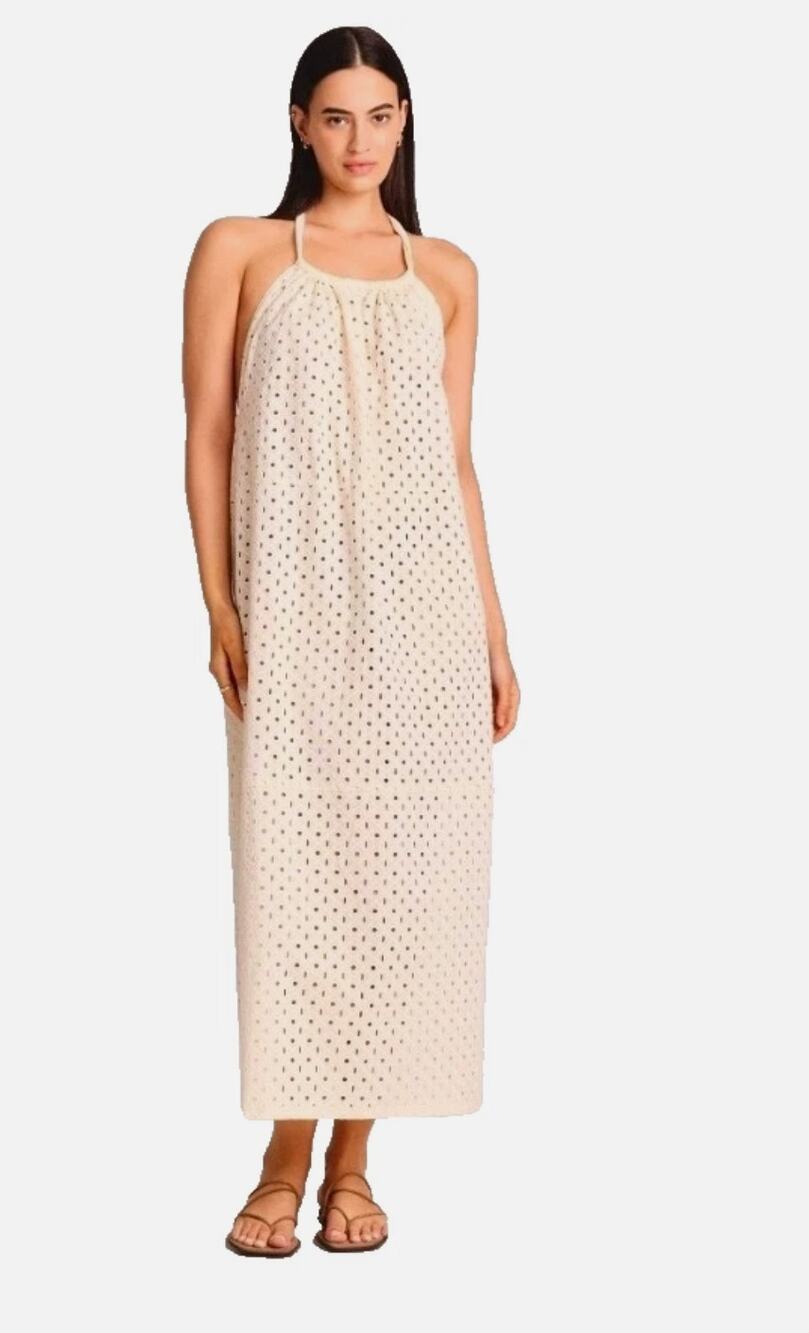 Vitamin A Off White Halter Top Maxi Cover Up Eyelet Swim Dress Womens Medium